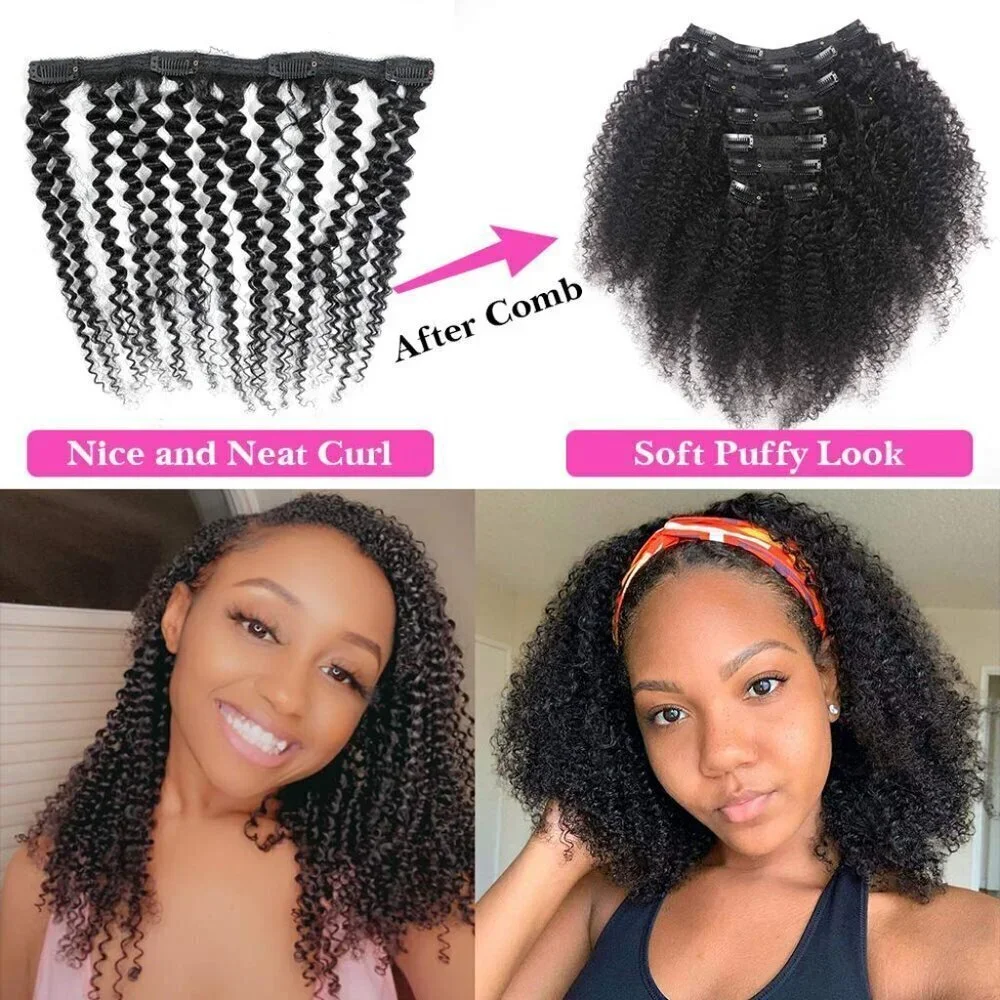 Kinky Curly Clip In Hair Extensions for Black Women, 10 inch Curly Hair Extensio
